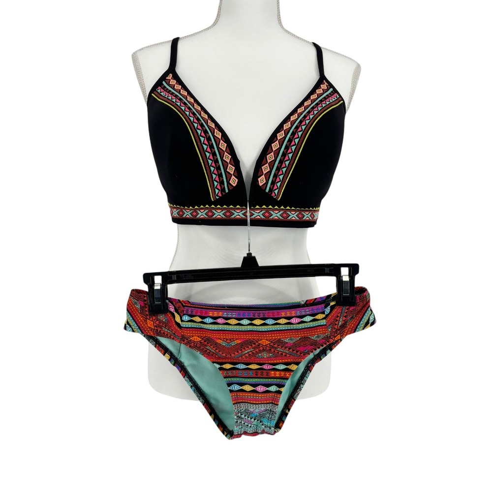 Black Bikini Set Embroidered Top 36D Print  Bikini Bottom Medium 2 Piece Swim - Picture 6 of 10